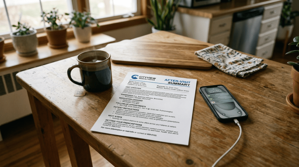 Medical after-visit summary document with a cup of tea and smartphone on a wooden table