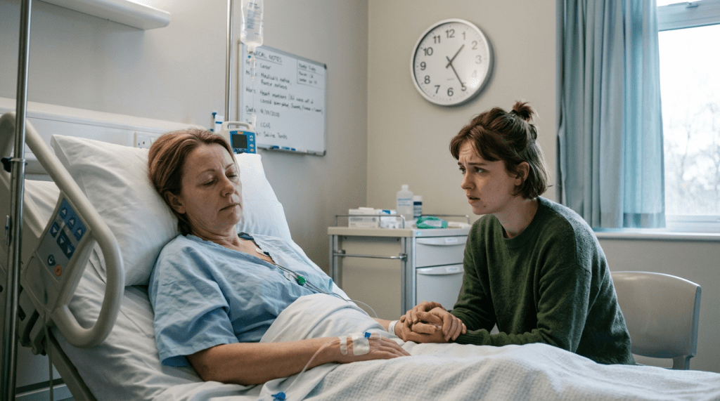 Patient lying in hospital bed holding hands with concerned visitor